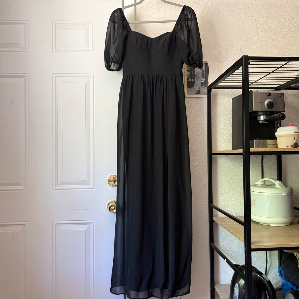 REVELRY black sheer chiffon sweetheart puff‎ short sleeve tie waist maxi dress